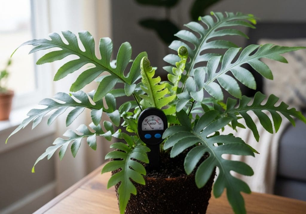 Blue Star Fern with soil moisture meter