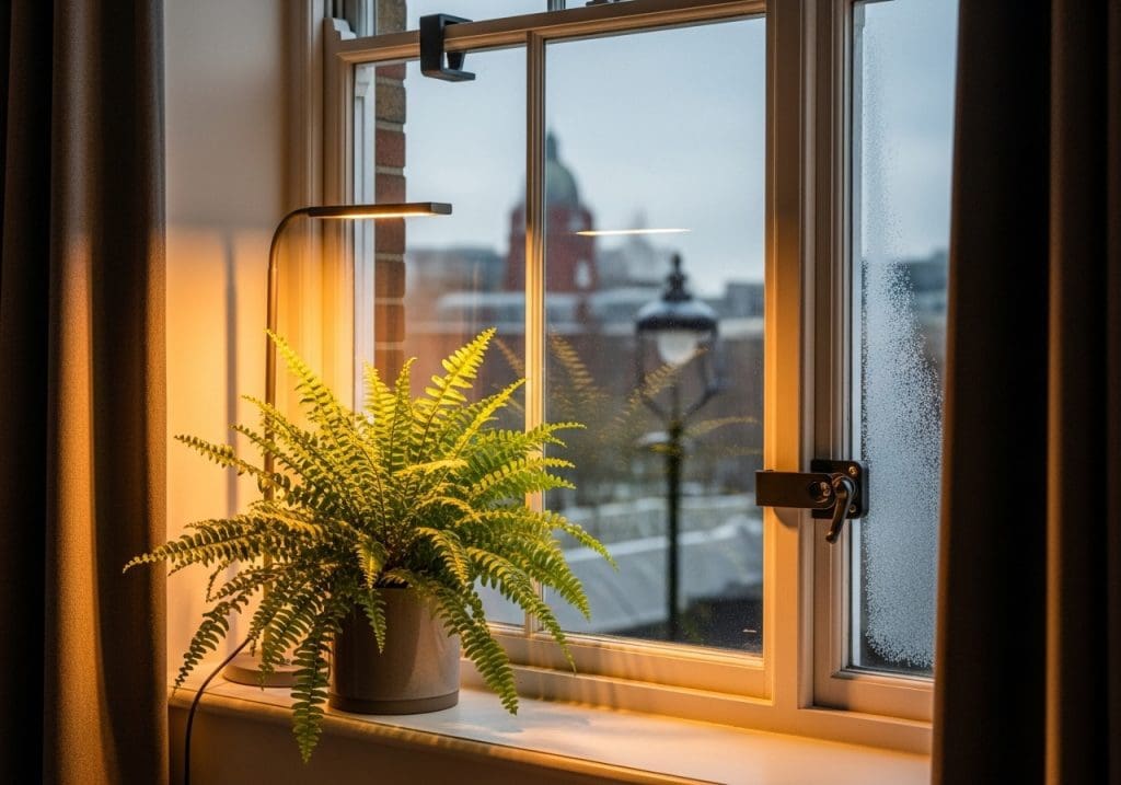 Fern with grow light in winter