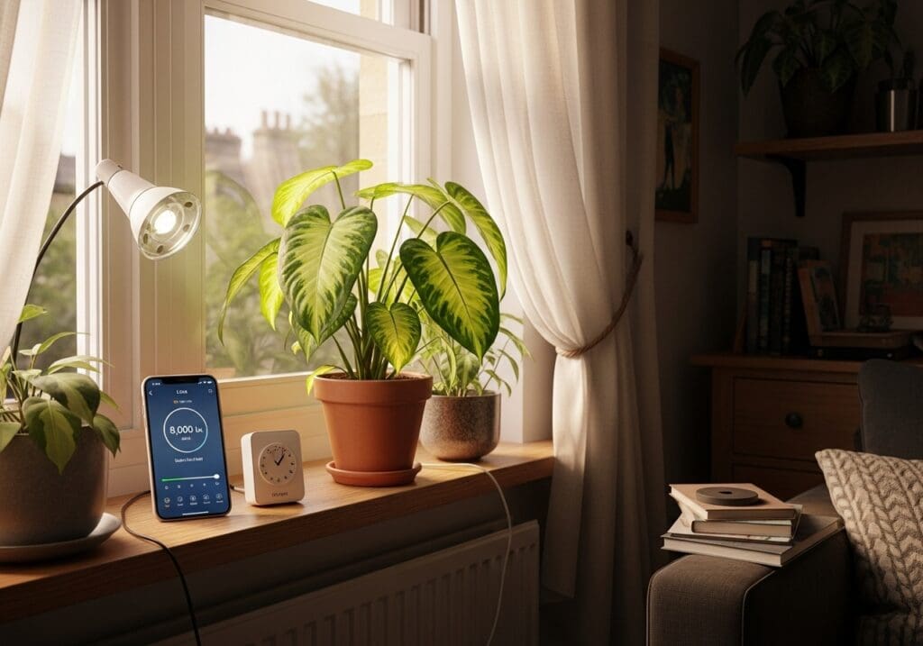 Jose Buono by east window; timer and phone lux app showing ~8k lux