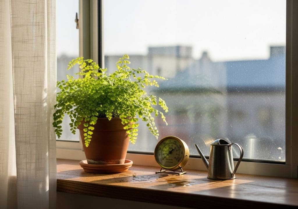 Maidenhair fern on a bright windowsill with hygrometer and watering can