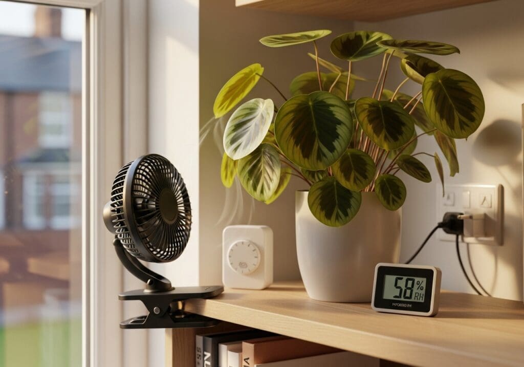 Orbifolia with gentle airflow and mid-50s RH on a home shelf