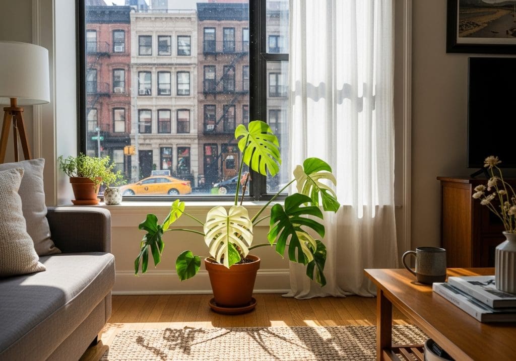 Variegated monstera by window with filtered light