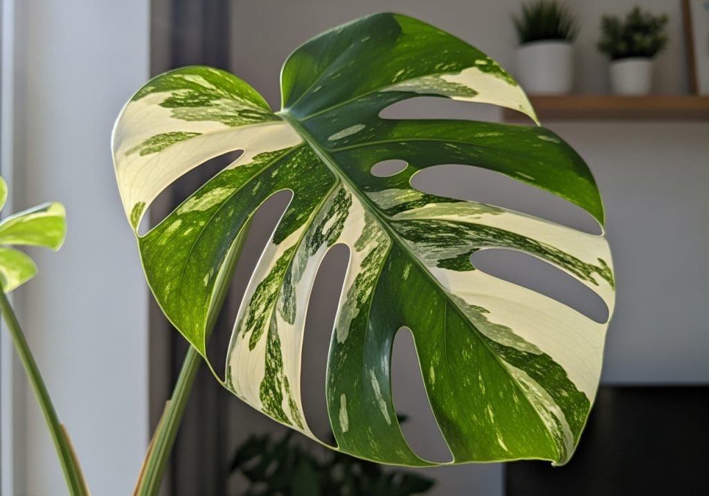 Variegated monstera leaf in bright indirect light