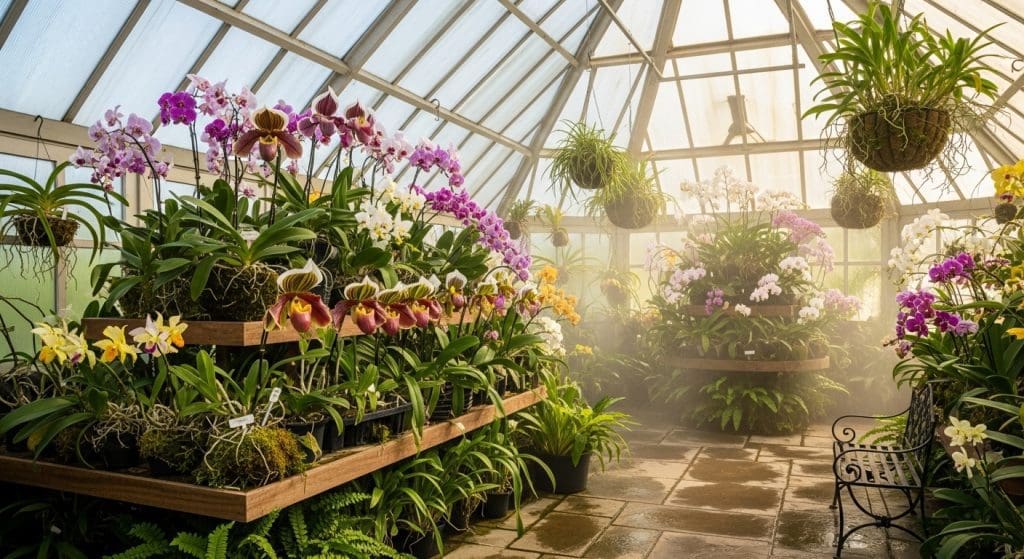 conservatory with rare orchids in bloom and filtered sunlight